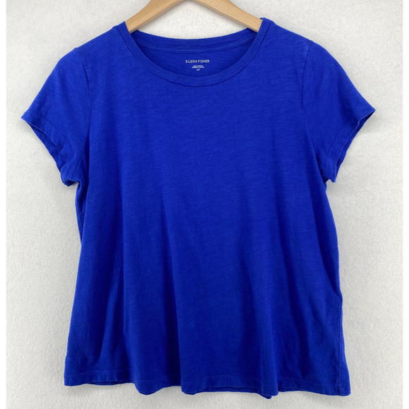 EILEEN FISHER Top S Slub Organic Cotton Jersey Crewneck Short Sleeve Blue - Picture 1 of 10